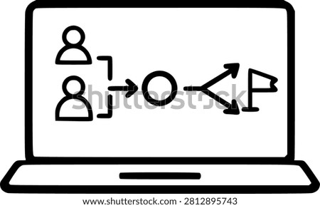 Online decision-making workflow icon featuring users, process arrows, multiple choices, and target flag on a laptop screen for business planning and digital management.