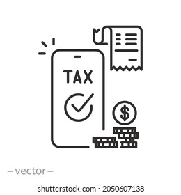 online declaration in mobile icon, pay tax on phone, receipt bill with coins, e invoice, payment receipt, thin line symbol - editable stroke vector illustration