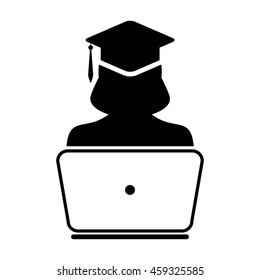 Online degree icon student with laptop computer female user person profile avatar symbol with mortar board for education and learning in a glyph pictogram illustration
