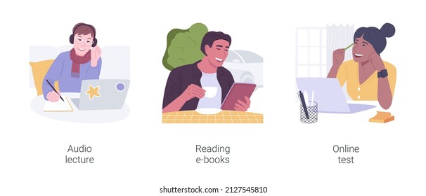 Conjunto de ilustraciones vectoriales de dibujos animados aislados de grado en línea. Escuchar conferencias de audio y hacer notas, leer libros electrónicos, pruebas en línea, ventajas de aprendizaje a distancia, dibujos animados vectores de educación virtual.