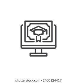Icono de línea de título en línea. Monitor de ordenador con diploma certificado de tipo lineal para concepto móvil y diseño web. Icono de vector de contorno de graduación en línea. Símbolo, ilustración del logotipo. Gráfico vectorial