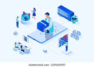 Online delivery 3d isometric web design. People order goods all over world, use fast delivery of parcels, online tracking in application, cargo transportation and logistics. Vector web illustration