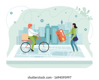 Vektorillustration von Online-Lieferungs-App-Konzepten. Flat man Fahrradkurier Charakter, der eine Box an winzige Cartoon-Frau ausliefert, die mit Kreditkarte bezahlt. Moderner, umweltfreundlicher City-Mobilfunkdienst einzeln auf Weiß
