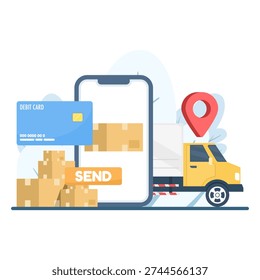 Online delivery app and express shipping concept. Global parcel distribution, fast courier service, e-commerce order tracking and worldwide package transport flat design.