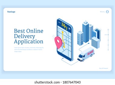 Online Delivery Application Isometric Landing Page. Smart Logistics, Geo Location Service. Truck Riding On Route At Huge Smartphone With Gps Navigator Pin On City Map. Driver App, 3d Vector Web Banner