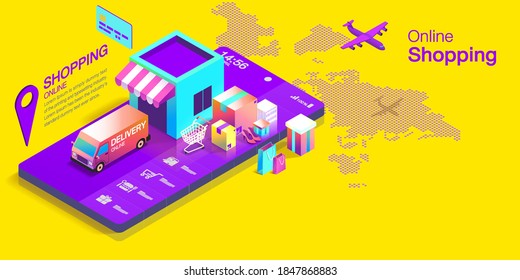 Página de inicio isométrica de la aplicación de entrega en línea. Vector libre