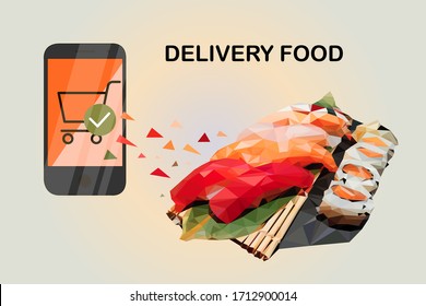 Online delivery of Asian food. Vector illustration of polygons of rolls and sushi with an order via smartphone or laptop at home. The image can be used as a banner, flyer, or ad.
