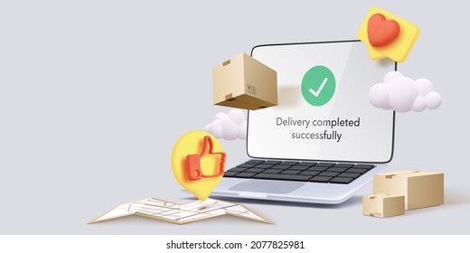 Online delivery banner with 3d realistic laptop, parcels, clouds, map and social icons in realistic style. Vector illustration