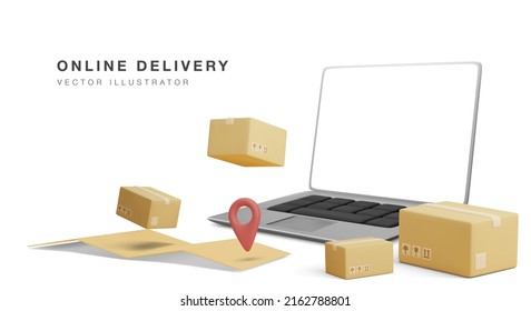 Online delivery banner with 3d realistic laptop, parcels and map with pointer in realistic style. Vector illustration