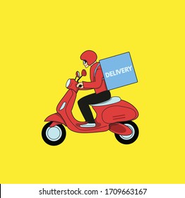 Online Delivery bazaar by scooter on mobile. E-commerce concept. Online food order with yellow background vector.