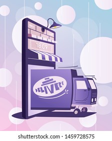 Online delivery. Big smartphone turned into internet shop. Cartoon vector illustration. Concept of mobile digital marketing and e-commerce. Supermarket in device. Awning above online store front door