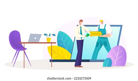 Online delivery business service, tiny character postman hold document box, mailman walk laptop flat vector illustration, isolated on white.