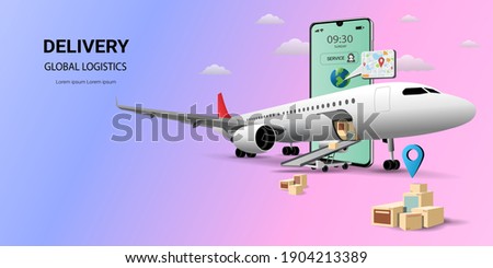 Online delivery by air service on mobile, Global logistic, transportation. Online order. Air freight logistics. airplane, warehouse and parcel box. 3D Perspective Vector illustration