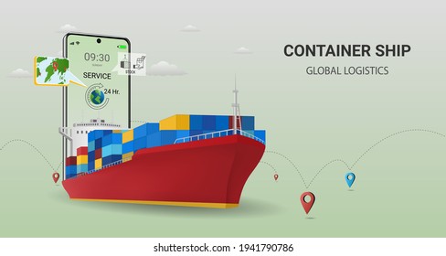 Online  delivery by container ship  on mobile service, online order tracking, global logistic, Ship delivery, sea logistics. warehouse, cargo, courier. Concept for website or banner. 3D Vector