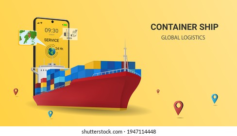 Online  delivery by container ship  on mobile service, online order tracking, global logistic, Ship delivery, sea logistics. warehouse, cargo, courier. Yellow background. 3D Vector illustration