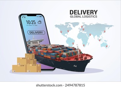 Online delivery by container ship on mobile service, online order tracking, global logistic, Ship delivery, sea logistics. warehouse, cargo, courier good port dock web 