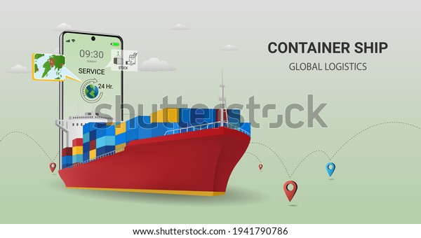 Online  delivery by container ship  on mobile\
service, online order tracking, global logistic, Ship delivery, sea\
logistics. warehouse, cargo, courier. Concept for website or\
banner. 3D Vector