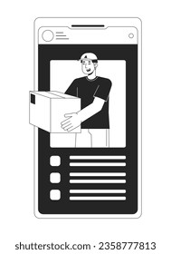 Entrega en línea por el correo bw concepto ilustración de spot vectorial. Aplicación para el seguimiento de paquetes 2D caricatura línea plana objeto monocromático para el diseño de interfaz de usuario web. Imagen de héroe de contorno aislado editable