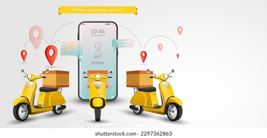 Online delivery by scooter. Food order concept with shopping website and mobile app template. Web banner vector illustration
