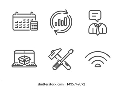 Online Delivery, Calendar And Hammer Tool Icons Simple Set. Support Service, Update Data And Wifi Signs. Parcel Tracking Website, Calculator Device. Business Set. Line Online Delivery Icon. Vector