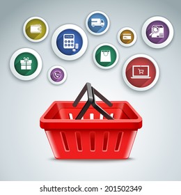 Online delivery and c-commerce round icons set with shopping basket vector illustration.