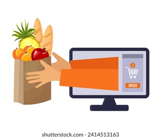 Online delivery, computer with order and package with groceries. Service concept.Illustration, vector