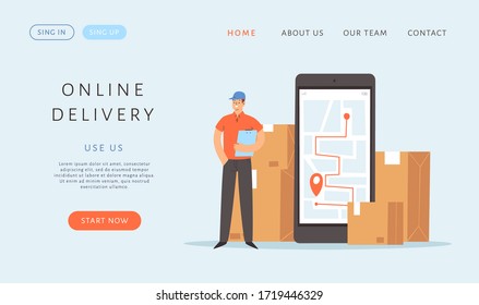 Online delivery concept. Courier holding boxes, delivers the packages, parcels or food. Man character, worker of fast delivery service. Banner, web template design, mobile app. Vector illustration