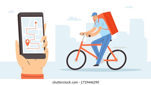 Design des Online-Lieferkonzepts. Kurier auf dem Fahrrad liefert die Pakete, Pakete oder Essen. Man Charakter, Arbeiter des schnellen Zustelldienstes. Banner, Web-Vorlage, mobile App. Vektorgrafik