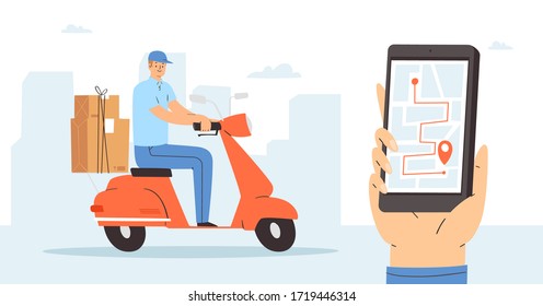 Online delivery concept design. Courier on moped delivers the packages, parcels or food. Man character, worker of fast delivery service. Banner, web template, mobile app. Vector illustration