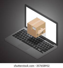 Online delivery. A concept for fast delivery service. Messenger hand giving a package box out of laptop screen. Isometric illustration vector.