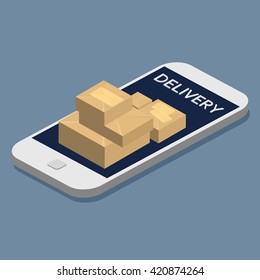 Online delivery. A concept for fast delivery service. Package box on smartphone screen. Isometric illustration vector.