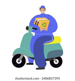 Online delivery concept. Flat courier in a blue uniform on a scooter with cardboard boxes. Delivery of a parcel of eco products. Vector flat illustration for delivery network