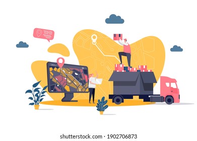 Concepto de entrega en línea en estilo plano. Entrega de nutrientes en la escena doméstica. Servicio de entrega urgente, envío global, banner web de pedidos en línea. Ilustración vectorial con personajes de personas en situación laboral.