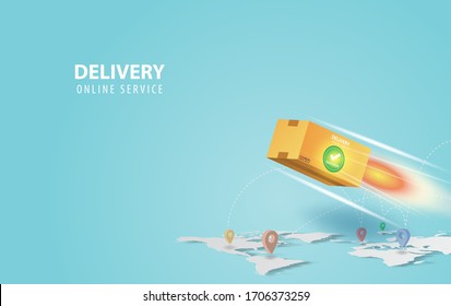 Online delivery concept idea.Fast respond delivery package shipping background.Online order tracking with world map location.Logistic delivery service.Mail delivery service and tracking Vector.EPS10