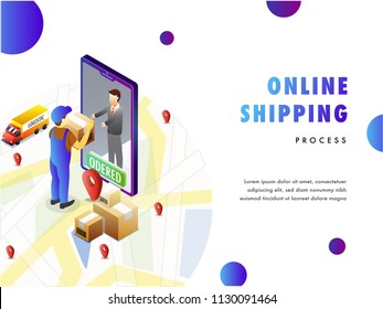 Online Delivery Concept, Isometric Design With Delivery Buy Delivering Product At Door Step On Map Background. Can Be Used For Advertisement, Infographic, Game Or Mobile Apps Icon.  