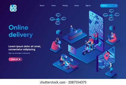 Online delivery concept isometric landing page. Fast shipping of orders by courier, flying drones with parcels in boxes, 3d web banner template. Vector illustration with people scene in flat design