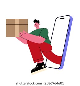 Online delivery concept – man carrying package from smartphone. Represents e-commerce, fast delivery, and online shopping. Perfect for websites, apps, and marketing materials. Cartoon illustration.