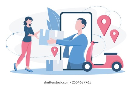 Online delivery concept. Man gives woman package through smartphone screen. Online shopping and home delivery. Logistics and transportation, shipping. Flat vector illustration