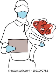 Online delivery concept, delivery man with order flowers bouquet and check list in his hands, uniform and medical mask, line art hand drawn art vector