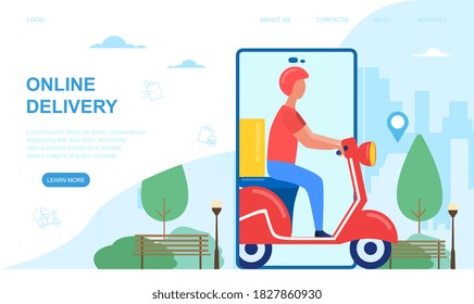 Online delivery concept with a man riding a retro scooter. Flat cartoon vector illustration. Web page or website template.