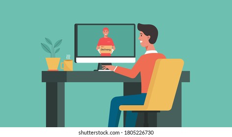 online delivery concept, man using computer at home video call conferencing a deliveryman to order goods, flat vector illustration