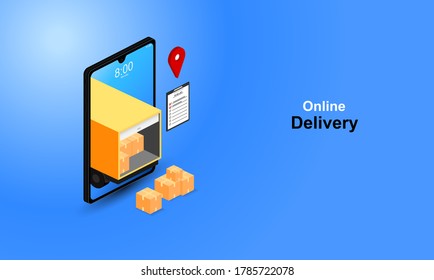 Online delivery concept mobile phones services. background truck car delivery. vector illustration.