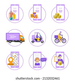 Online delivery concept, online order tracking, home and office delivery. Truck, scooter and bicycle courier. Vector illustration