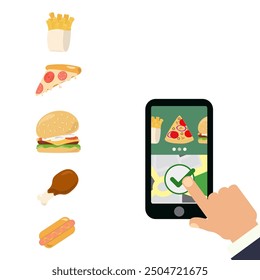Online delivery concept, online order tracking. Food delivery Fast food set Pizza, fries hot dog, burger leg vector illustration
