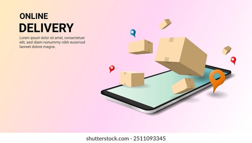 Online delivery concept. Online order tracking. Warehouse, parcel box or cardboard box, courier, delivery man, logistics, online shopping. Delivery on mobile. 3D Perspective Vector illustration