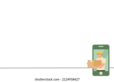 Online delivery concept simple line vector illustration, bottom left object, male courier, online shopping, one line illustration for website and banner