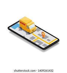 Online Delivery Concept. Smartphone with truck, 3d vector isometric digital marketing illustration Mobile Application. Concept Marketing. Vector, web banner, isolated