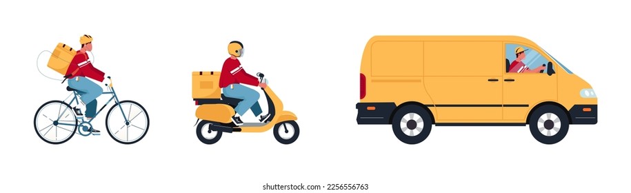 Online delivery concept, takeaway food delivery service.Couriers and delivery man on mopeds and bikes delivering online orders. Online order tracking, home and office delivery. Vector illustration