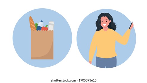 Online delivery concept. Woman order food via internet . Flat vector illustration.