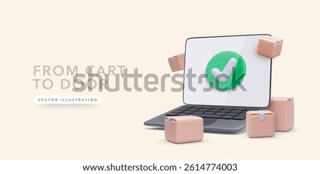 Online Delivery Confirmed With Package Boxes Around Laptop And Checkmark On Screen. Fast Shipping, Order Status, Ecommerce Concept. Modern 3D Vector Illustration.